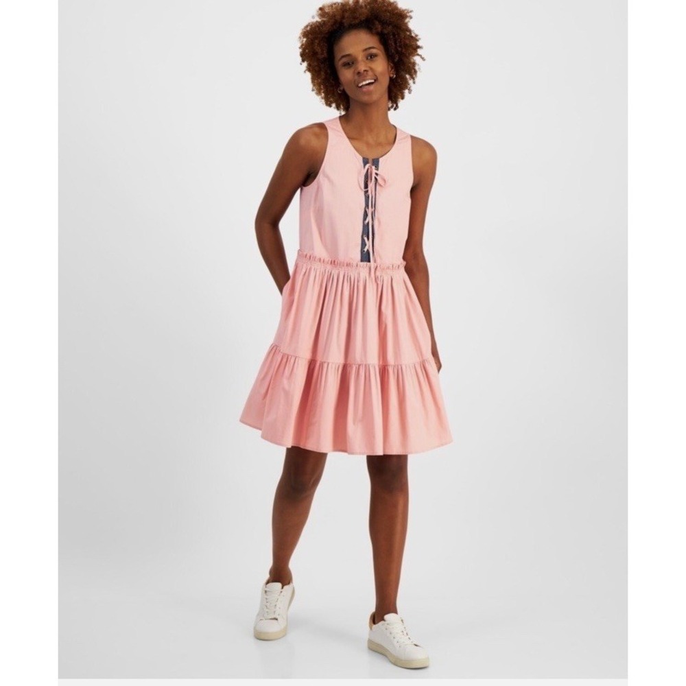 Nautica Jeans Women's Pink Lace Up‎ Tiered Ruffled Sleeveless Dress Size M